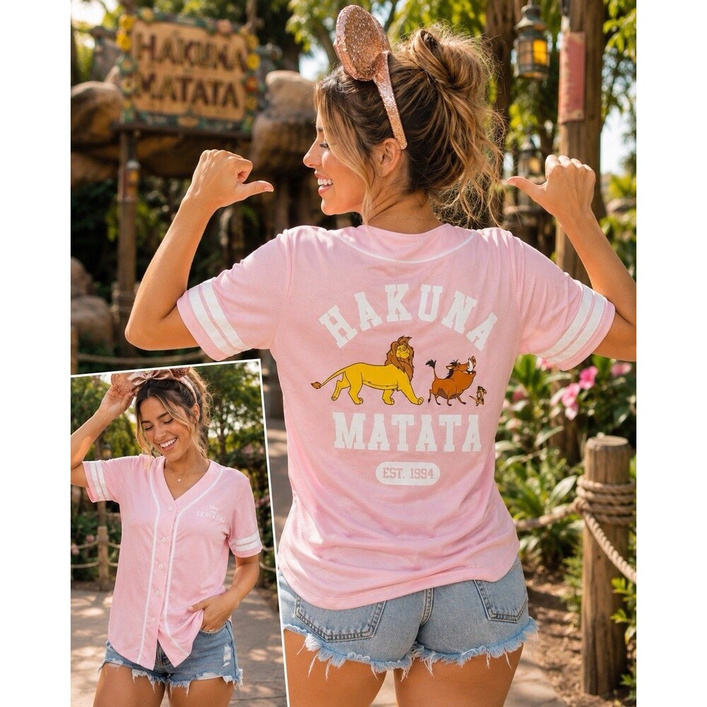 Disney Lion King Baseball Jersey Pink Button Front Hakuna Matata Shirt Womens L